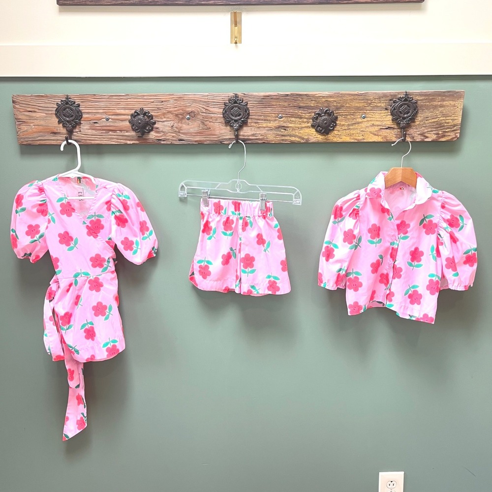Caroline Bosmans Kids 3pc Pink Floral Smiley Face Wrap Top Shirt Shorts Set Sz 3